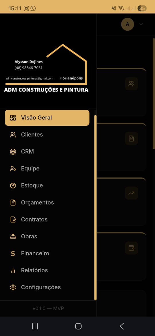 Menu lateral do app mobile ADM Construções