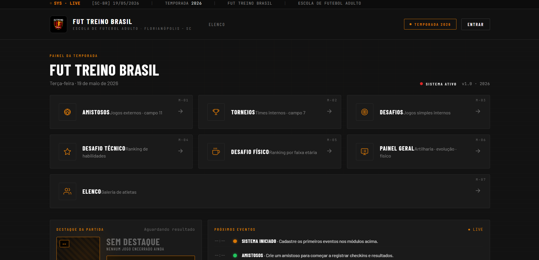 Painel da temporada Fut Treino Brasil — módulos de amistosos, torneios, desafios técnicos, físicos, elenco e painel geral